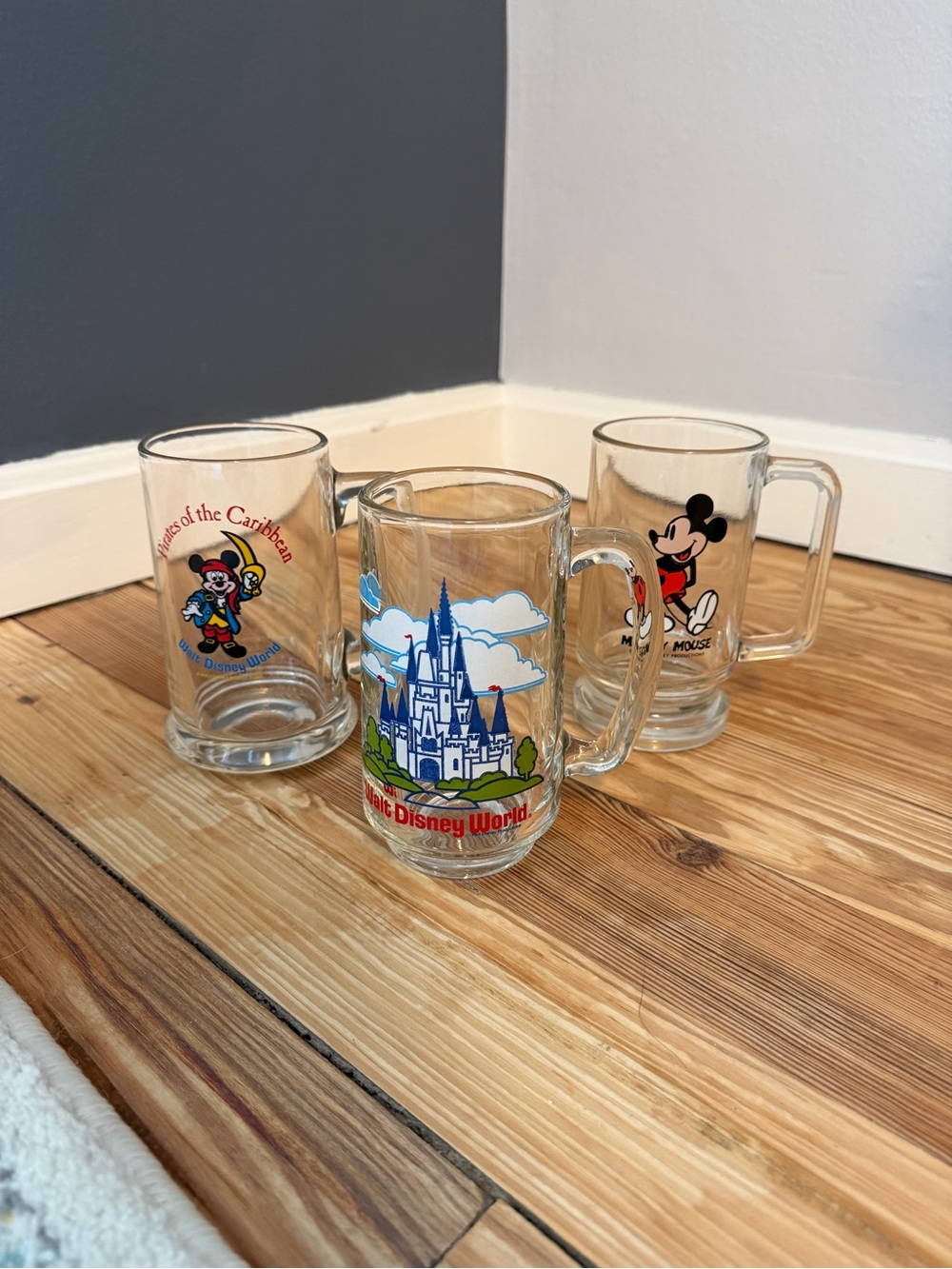 Disney World Glass Handled Steins - Mickey, Pirates, Casle - Set of 3